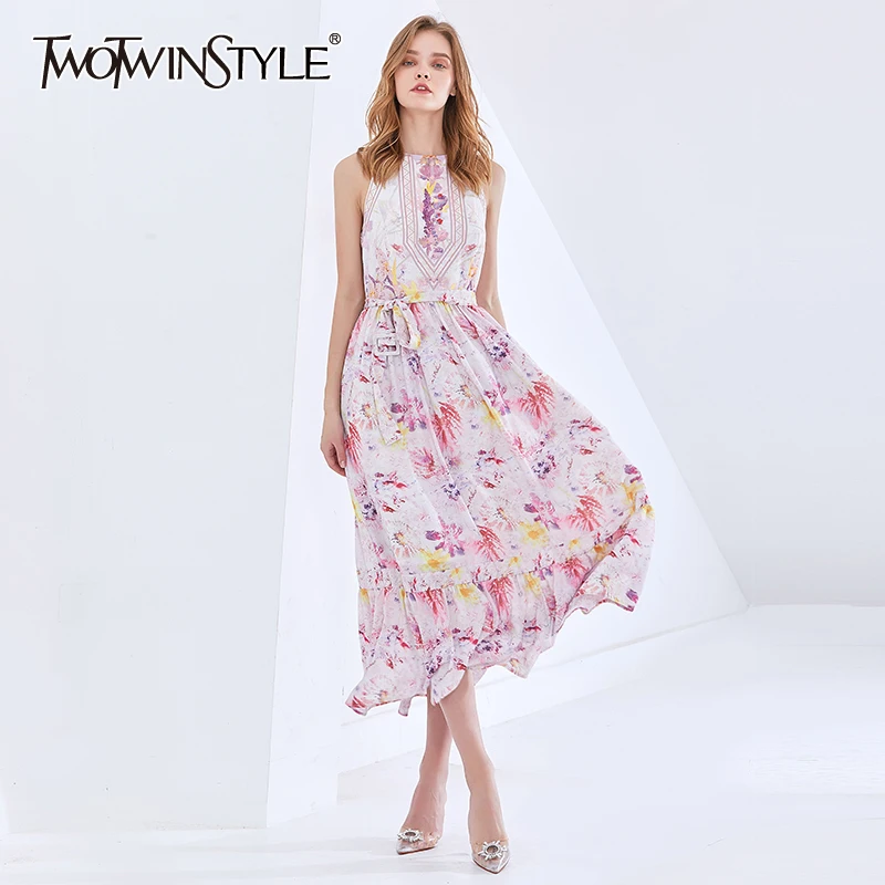 

Женское винтажное платье TWOTWINSTYLE, хит разноцветное платье с круглым вырезом, без рукавов, с высокой талией, поясом и рюшами