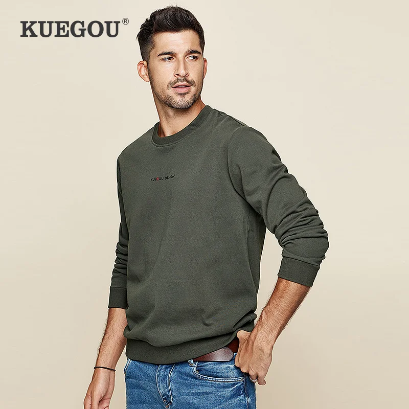 KUEGOU 100% хлопок мужские толстовки Модные осенние однотонные с буквенным принтом