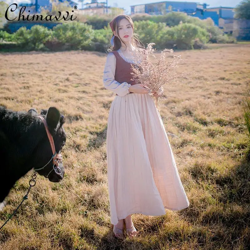 

Prairie Style Outfit Spring Vintage Lace-up Corset Cotton Vest+Square Collar Long Sleeve Loose Simple Maxi Dress Girls 2pcs Set