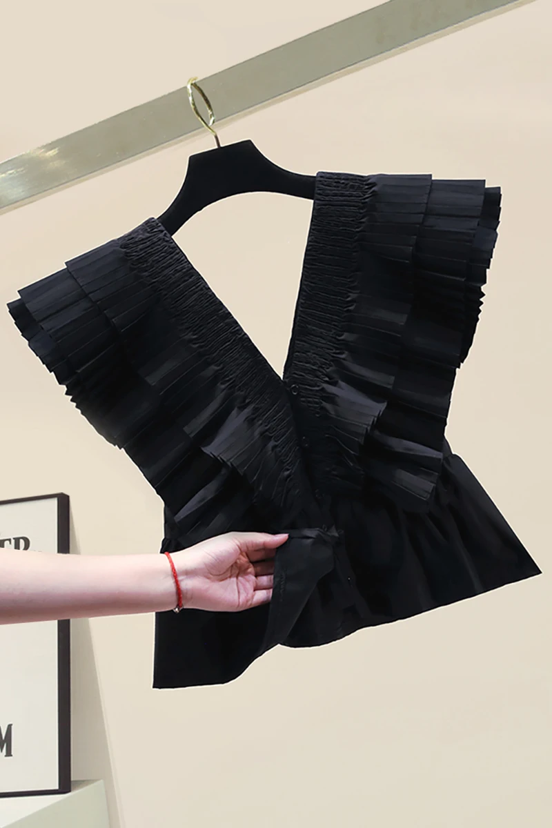 

Fashion V-neck Korean Style Chiffon Shirt Women's Ruffles Blouse 2021 New Summer Thin Sleeveless Slim Shirts Tops Girls Blouses