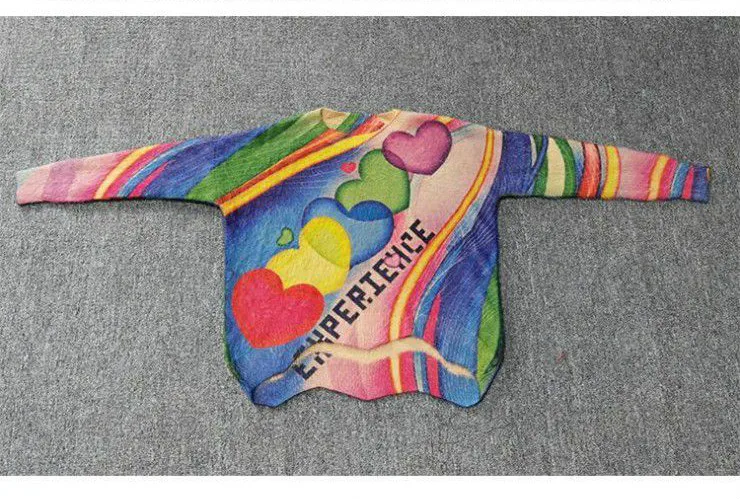 

EBAIHUI Spring Autumn Women Mohair Knitting Sweaters Thin Colorful Heart Print O-neck Korean Sweet Pink Sweater Pullovers