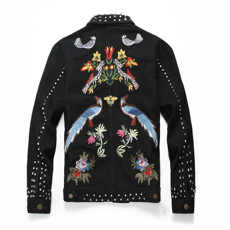 

European Style Slim Fit Denim Fashion Rivet Embroidery Floral Jackets For Men Punk Jean Jacket Streetwear Outwear