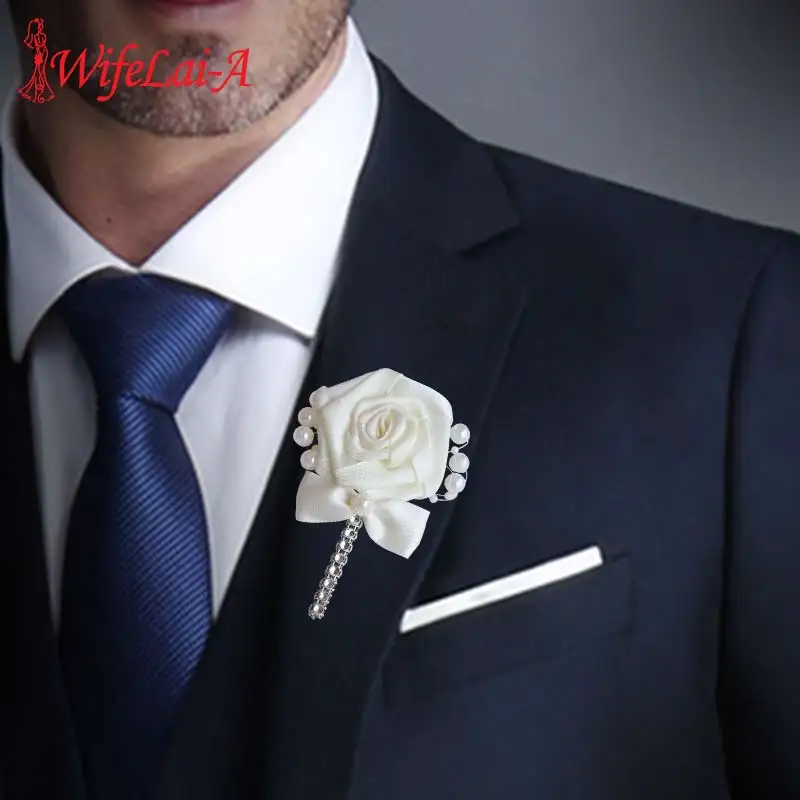 European Wedding Flowers Groom Groomsmen Boutonniere Wedding Prom Men Suit Lapel Pin Silk Ribbon Ceremony Flower Brooch X8715