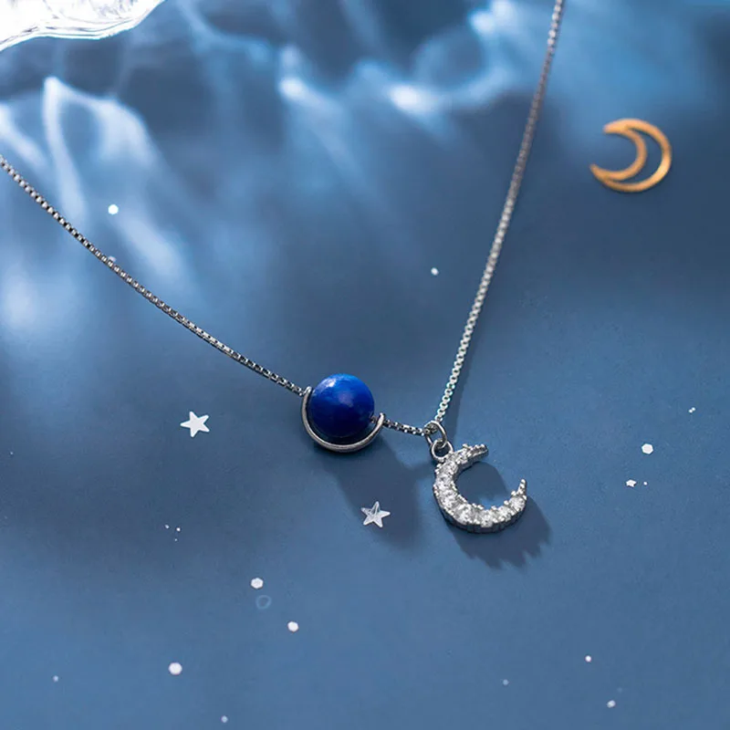

PONYKISS Romantic 100% 925 Sterling Silver Blue Crystal Moon Zircon Pendant Necklace Women Delicate Jewelry Accessory Fine Gift