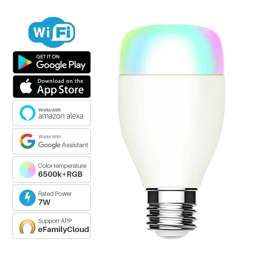 Умная Светодиодная лампа E27 7 Вт WiFi RGB светильник диммер совместимый с Alexa Google Home