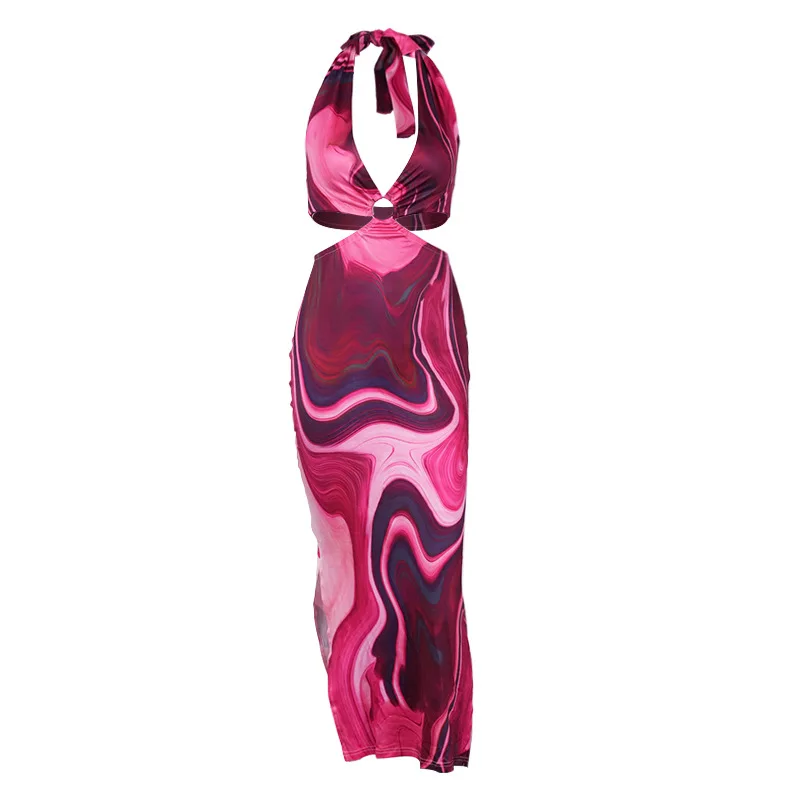 

Tie Dye Sleeveless Maxi Dress Summer Women Sexy V Neck Halter Hollow Out Backless Split Bodycon Dress Woman Long Beach Dresses