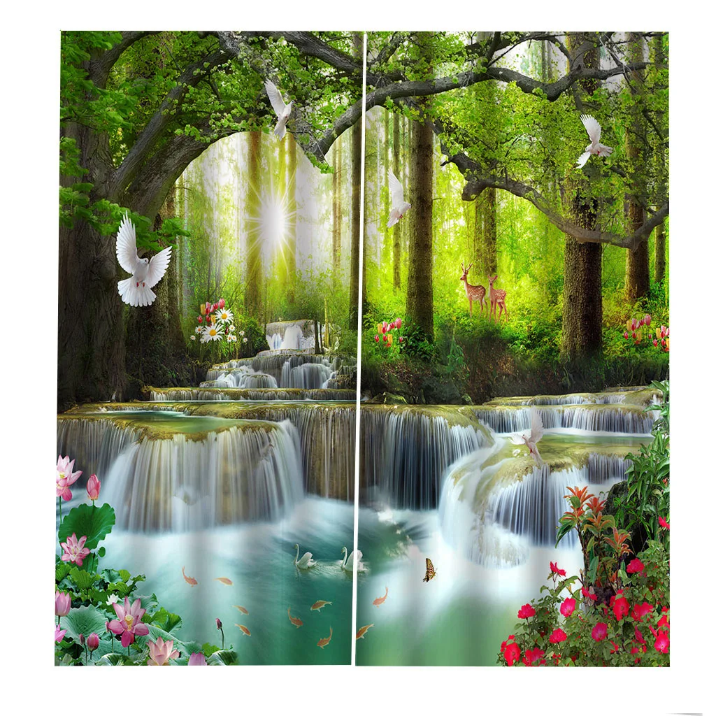 Роскошные затемняющие 3D оконные шторы с зеленым лесом и водопадом для гостиной