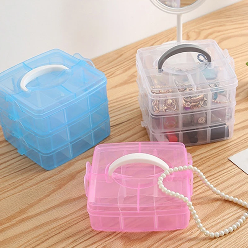 Compartment Handle Box For Makeup Cosmetic Rings Jewelry Organizer Removable Plastic Storage 15*15*12.5cm Pink Blue White | Дом и сад