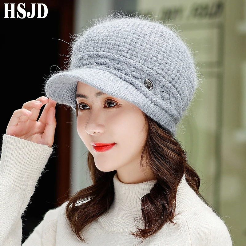 Шапка-бини женская вязаная однотонная из кроличьего меха | Аксессуары для одежды