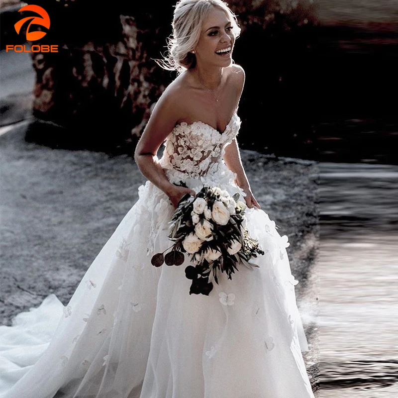 

Женское свадебное платье без бретелек, кружевное платье в стиле бохо с открытой спиной и кружевной аппликацией, свадебное платье для невест...