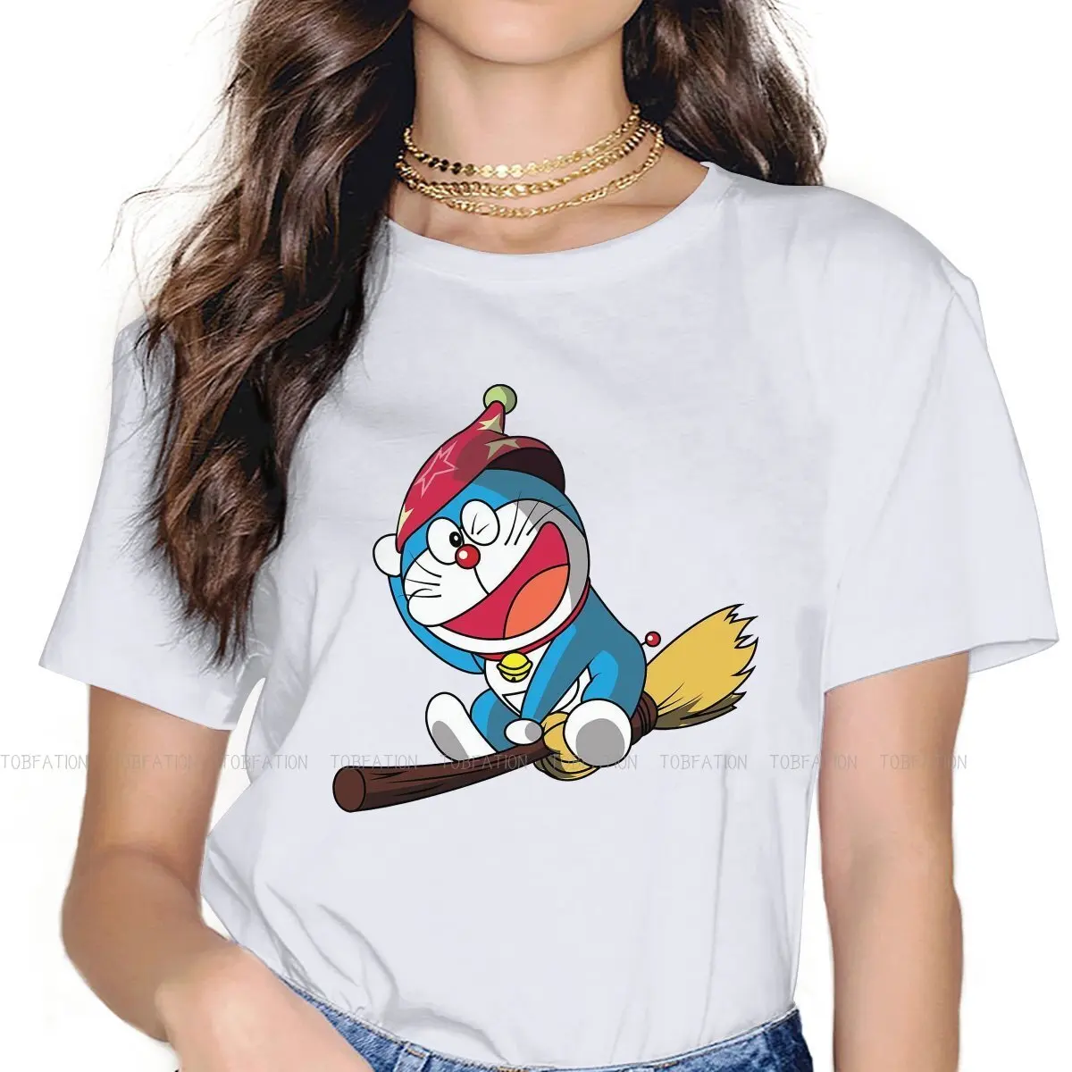 

Fly Female Shirts Doraemon Kawaii Robot Cat Manga Loose Vintage Women Top Harajuku Casual Feminine Blusas