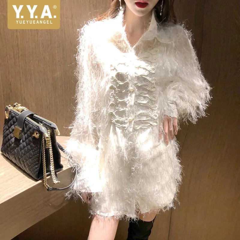 

Elegant Womens Loose Turn-Down Collar Spliced Lantern Sleeve Long Shirt Office Lady Tassel Feathers Hollow Out White Blouse