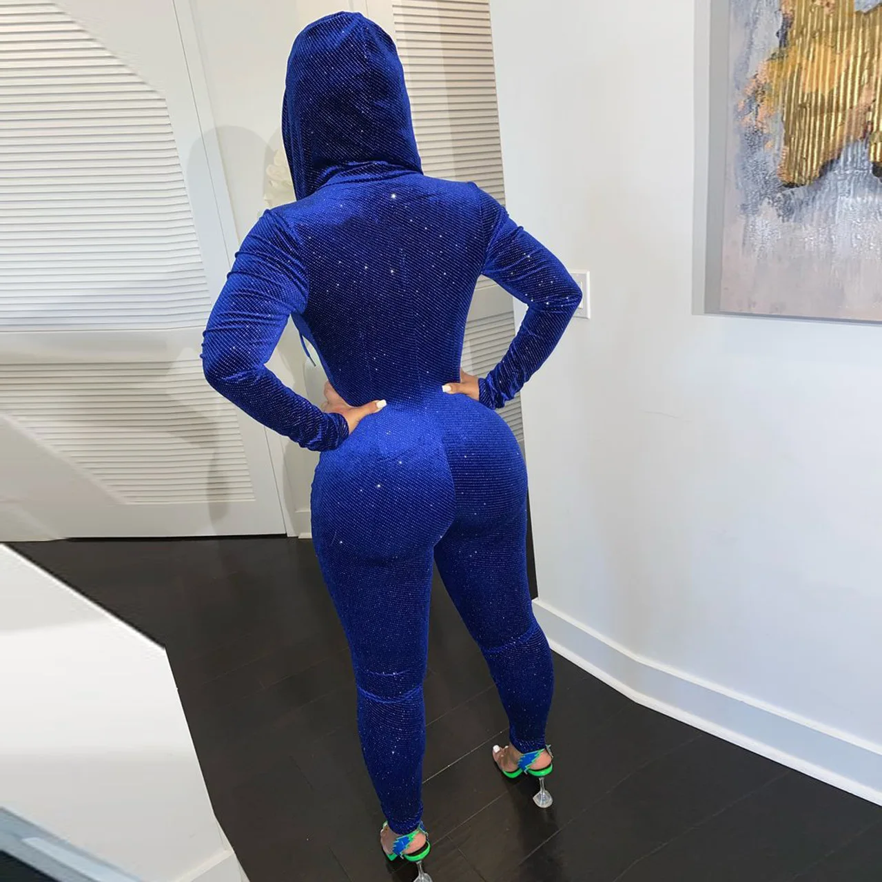 Autumn Woman Long Sleeve Tight Rompers Solid Color Sequined Velvet Hooded Jumpsuit Bodycon Jumpsuits for Women