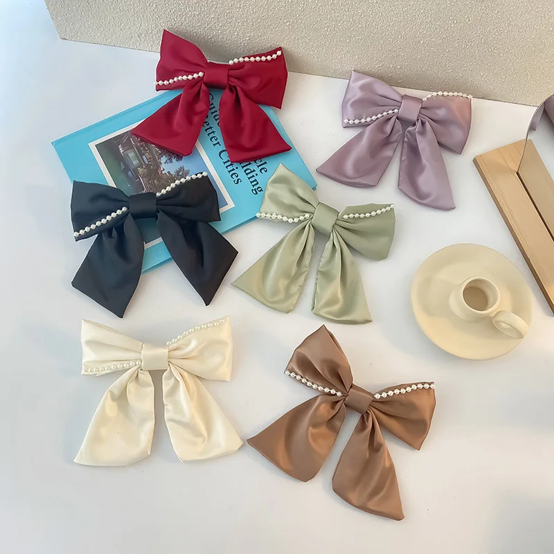 

Женские однотонные элегантные жемчужные тканевые резинки с большим бантом на весну заколки для волос держатель для конского хвоста заколк...