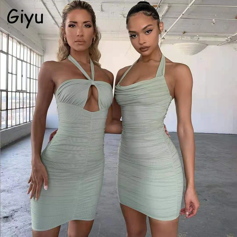 

Giyu Club Party Summer Dress Women 2021 Sexy Bodycon Halter Backless Mini Dresses Casual Hollow Out Ruched Vestidos Sundress