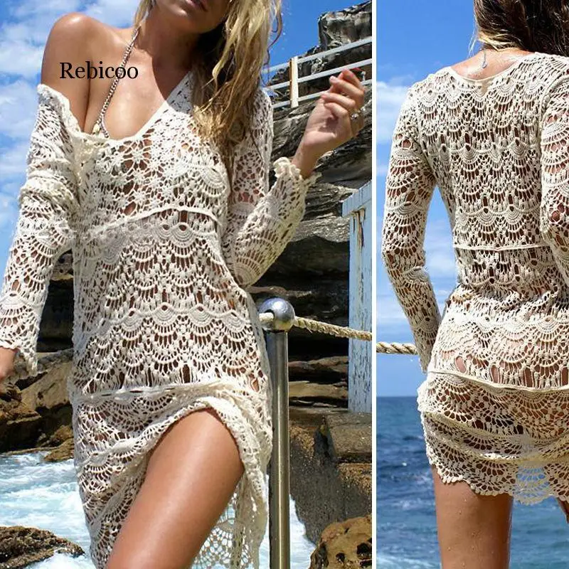 

Сексуальная Пляжная кружевная вязаная крючком накидка Бикини саронг Пляжная накидка парео белый халат женская накидка