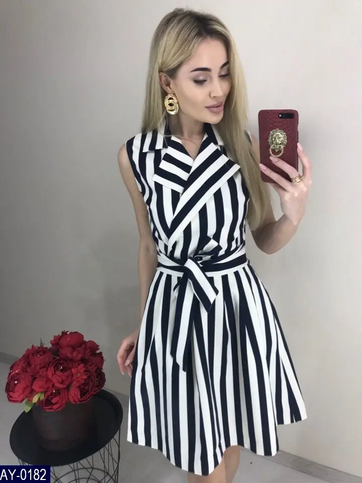 Новинка 2019 элегантное платье в полоску с поясом без рукавов повседневные Мини