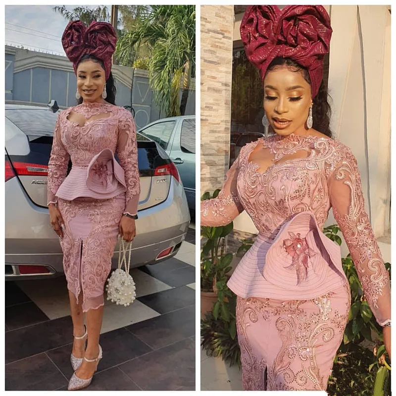 Розовые платья для выпускного вечера длиной ниже колена с длинным рукавом 2020 Aso Ebi