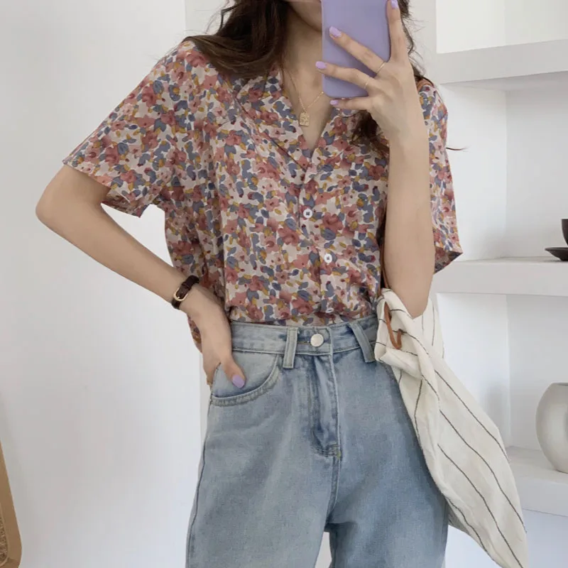 Женская шифоновая блузка Sungtin Тонкая с цветочным принтом винтажный шифоновый топ