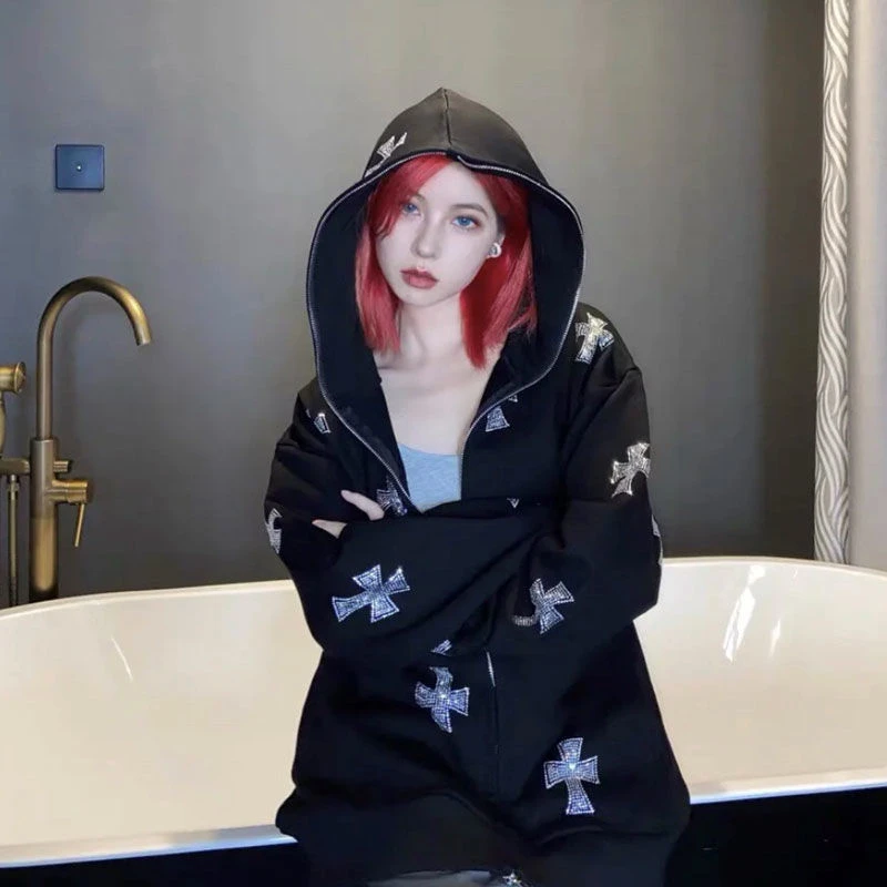 

Hirigin Y2K Black High Quality Cross Zip Hoodie Jacket Punk Style Hip Hop Jacket Coat Clothes for Autumn\uff0cWinter