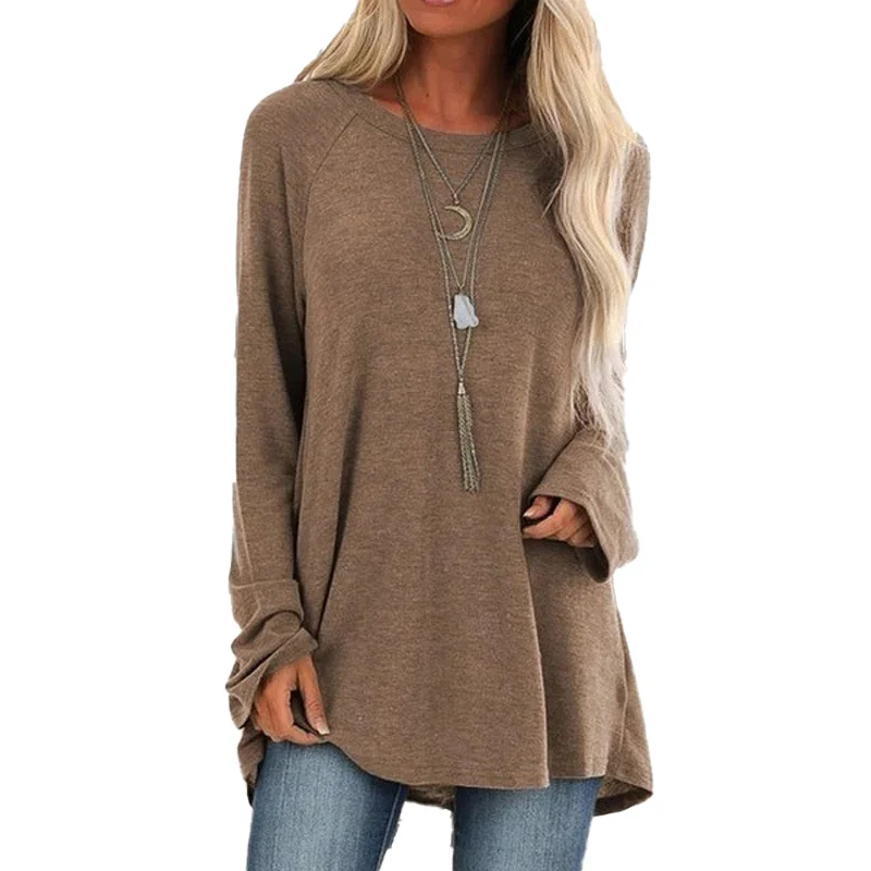 

New Large Size Women's Solid Color Long-Sleeved Round Neck Simple Style Pullover Loose Fashion Casual T-Shirt Top