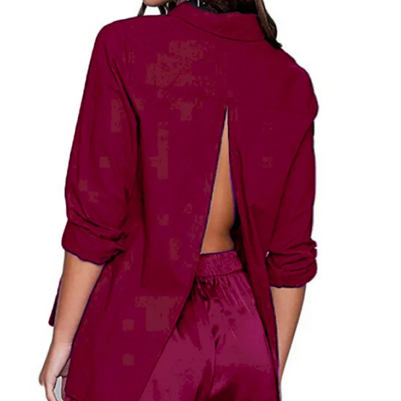 

Sexy Button Women Lady Work Office Loose Blouse Shirts Solid Color Long Sleeve Open Back Shirt Blouse Tops