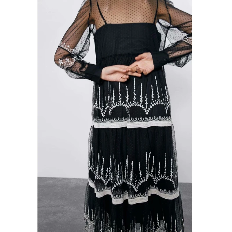 Женская длинная юбка в стиле ретро PUWD шелковое Сетчатое платье с вышивкой