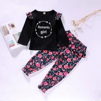 new fashion kids clothes 2 pcs set cotton letter flying long sleeve topsflower print ruffles trousers toddler girl clothes 1 6y