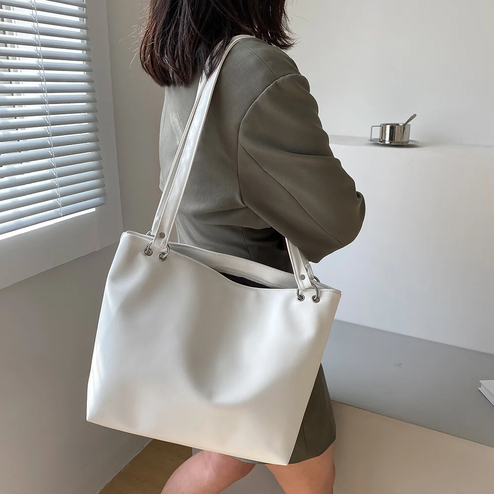 

Shoulder Underarm Bag Casual Women Large Capacity PU Pure Color Shopping Bags Solid Luxury Bucket Handbag Totes 2021 Fashion