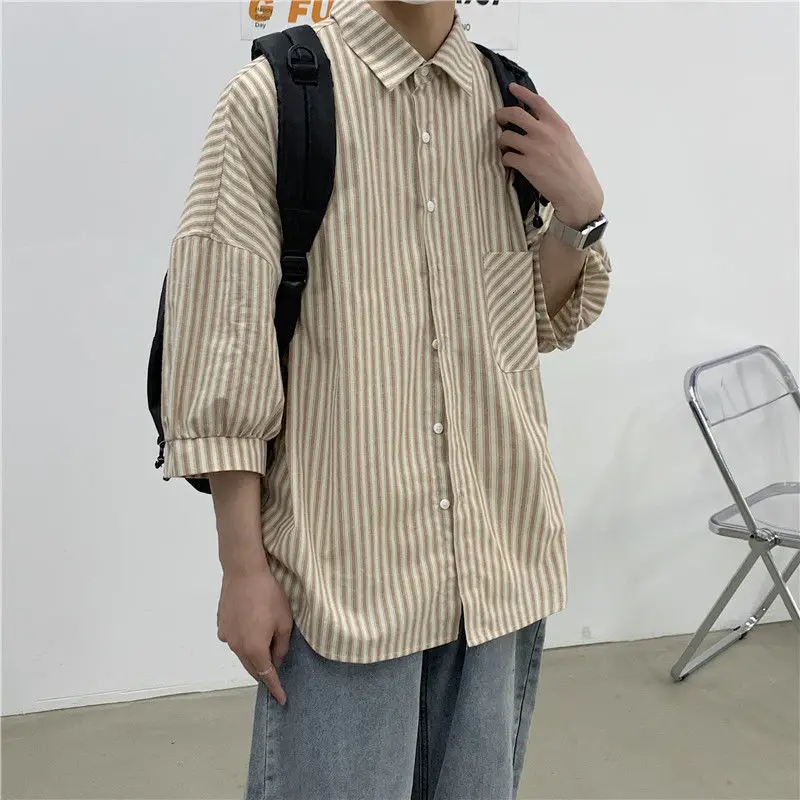 

2021 Summer New Youth Popular Men's Loose Korean Striped Five-point Sleeve Shirt Fashion Casual Lapel Single-breasted Top