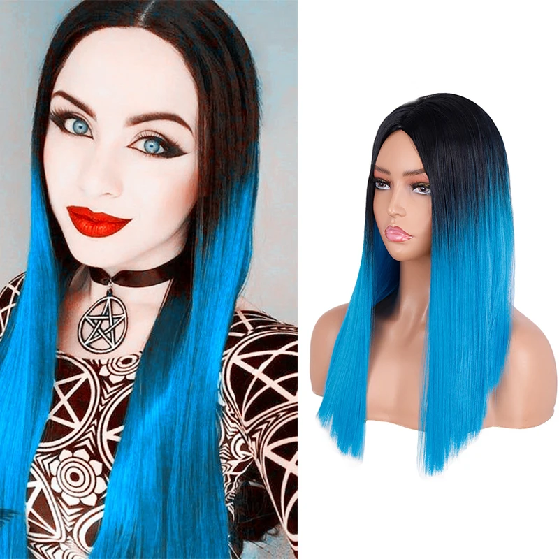 

Natural Straight Blue Wig for Black Women 18 Inch Ombre Synthetic Cosplay Wigs Middle Part Shoulder Length Non Lace Wig for Girl