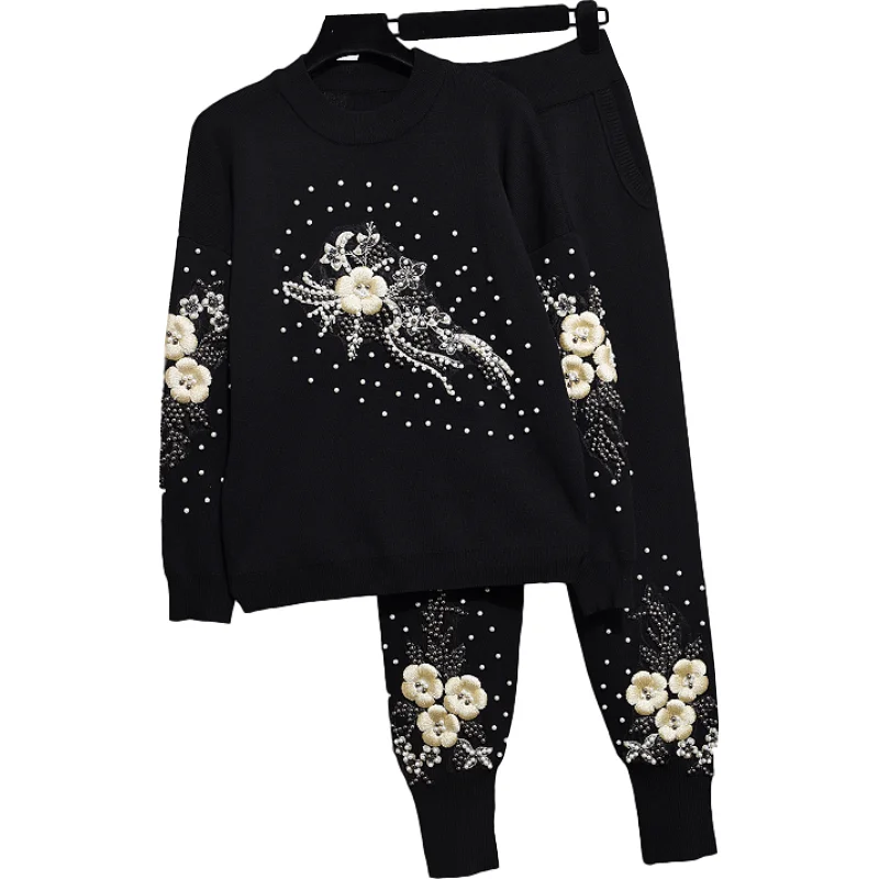 

2020 Autumn Tracksuit Women Fashion Beading Flower Loose Knitted Sweater Pullover + Casual Pants Two Piece Set Women Tops H703