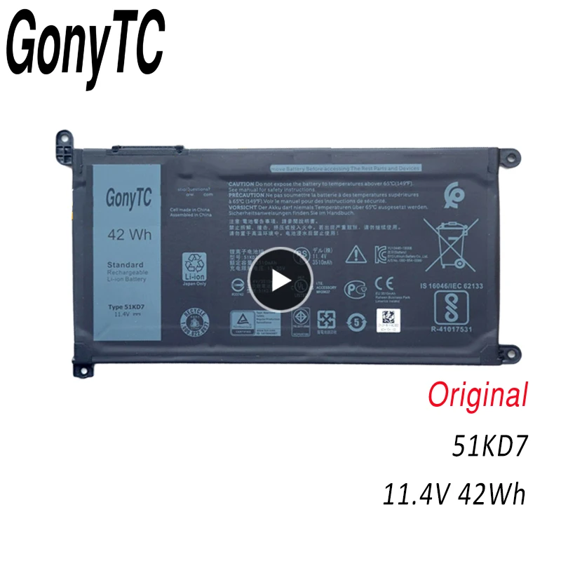 

GONYTC 51KD7 Оригинальный Новый Сменный аккумулятор для ноутбука Dell Chromebook 11 3180 3189 51KD7 11,4 V 42Wh