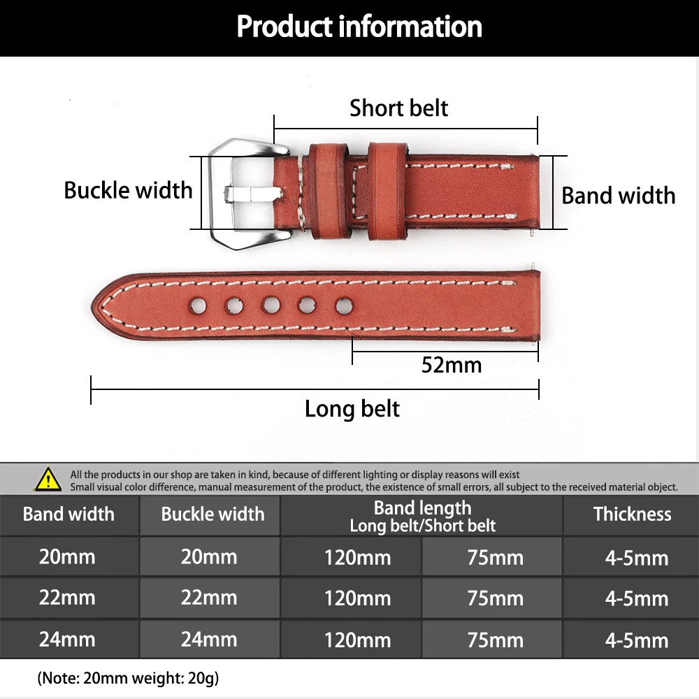 Vintage Handmade Watchband 18mm 20mm 22mm 24mm Genuine Leather Watch Straps Male Replacement Wistband Bracelet for Panerai