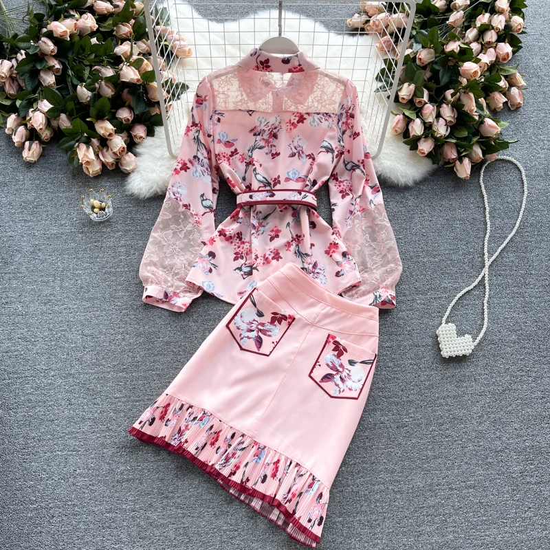 

Women's Spring Autumn Runway Fashion Lace Patchwork Long Sleeve Print Dress Female Chic Travel 2pcs Party Dress TB097