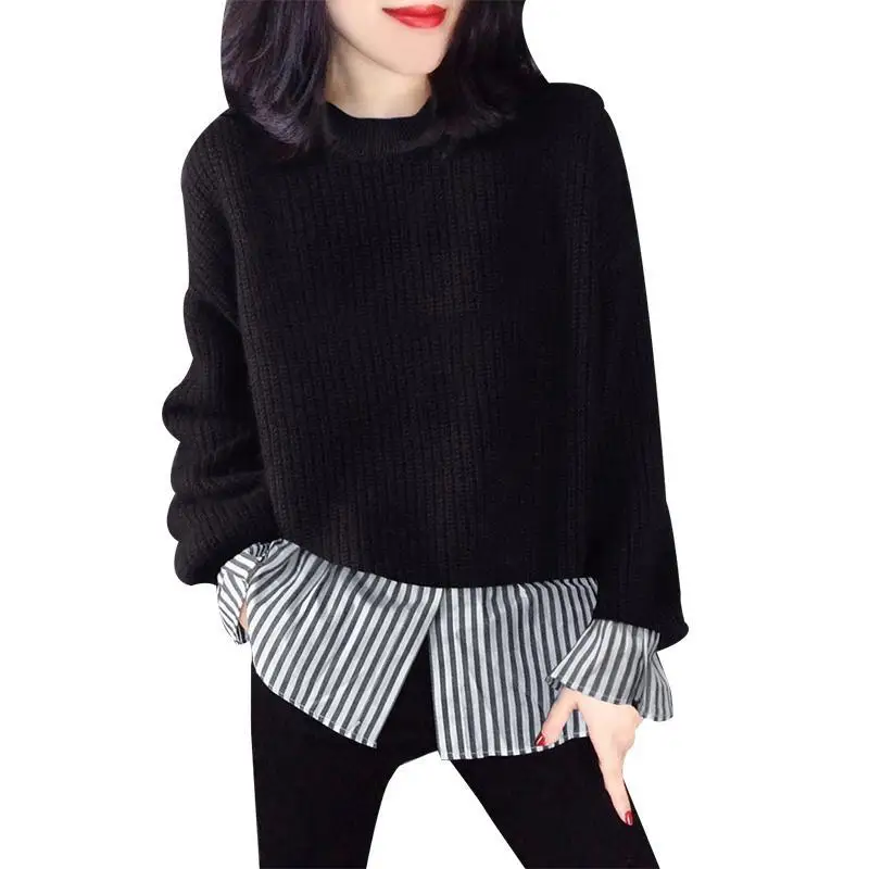 

Lazy style black fake two piece stitching T-shirt loose sweater Europe station autumn 2020 women's new European goods