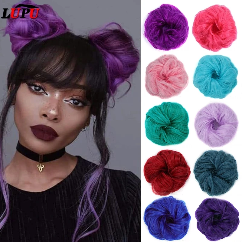 Aliexpress - LUPU Messy Scrunchies Synthetic Hair Bun With Elastic Band Natural Fake Hair Tie Pieces Ponytail Colored Black Purple Pink Green