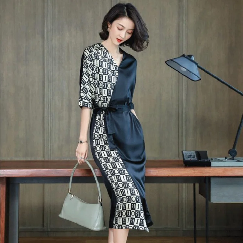 2019 летнее Новое Женское платье с разрезом повседневное шелковое женское длинное