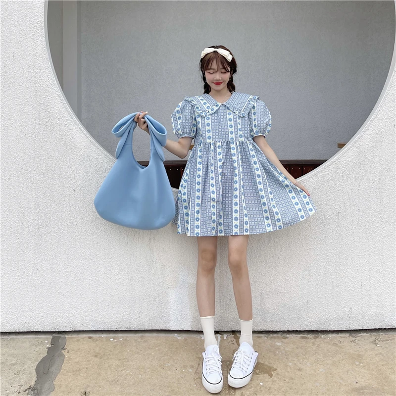 

Japanese Summer New Sweet Girly Soft Girl Dress Kawaii Peter Pan Collar Puff Sleeve Cute Plaid Flowers Elegant Dresses Women