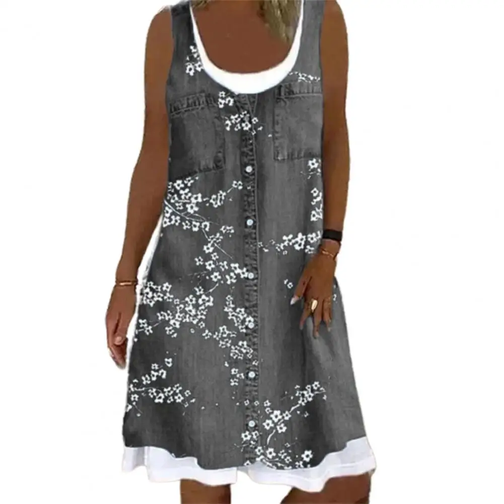 

Women Dress Digital Printing Sleeveless Two-piece O Neck Fake Pockets Buttons Vest Sundress Suit Casual Loose Party Beach Robe