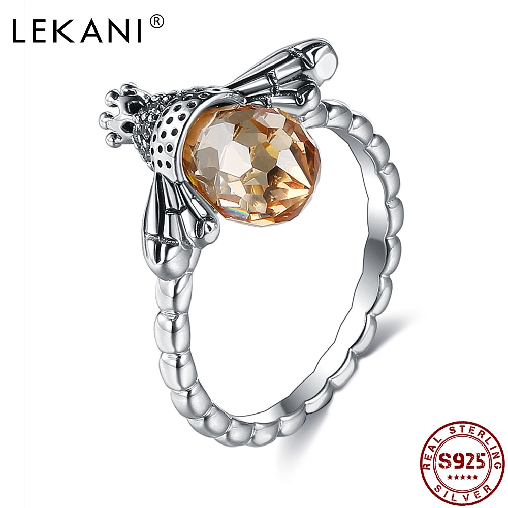 

LEKANI кольца для женщин S925 стерлингового серебра прекрасный с оранжевым кристаллом «Пчелка» винтажное серебряное кольцо серебро Цвет элеган...