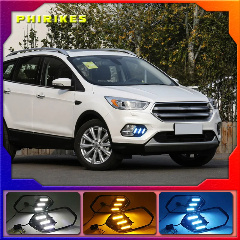

2 шт. Светодиодный дневной светильник для Ford Escape Kuga 2016 2017 2018 отложным воротником желтый сигнал Функция 12В дневные ходовые огни лампы