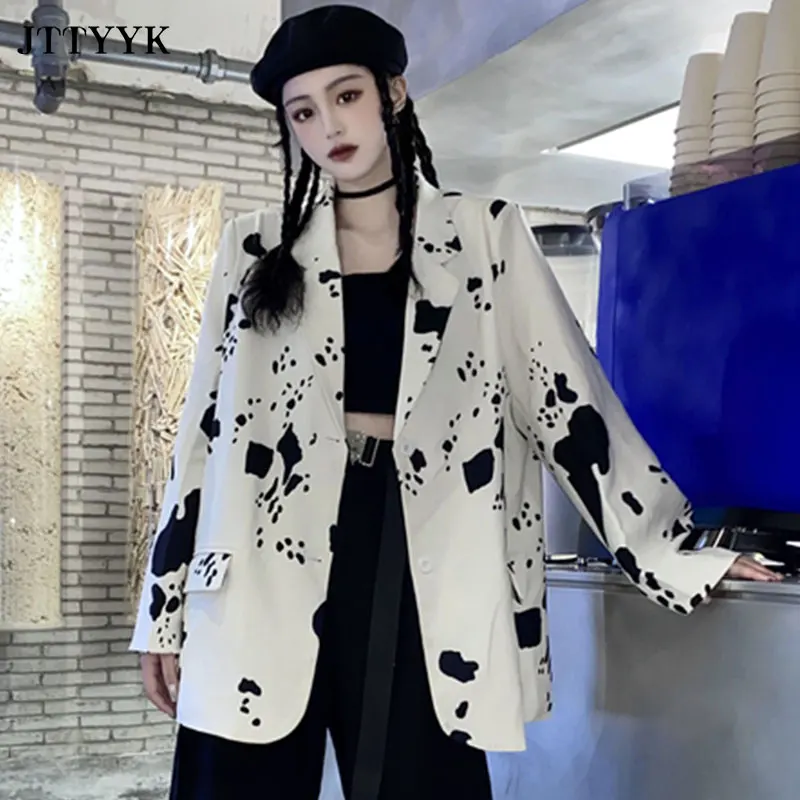 

2021 Casual Streetwear Cow Pattern Loose Long Sleeve Blazer Suit Jacket Women Cloth Spring Autumn Coat Single Breasted Outwear