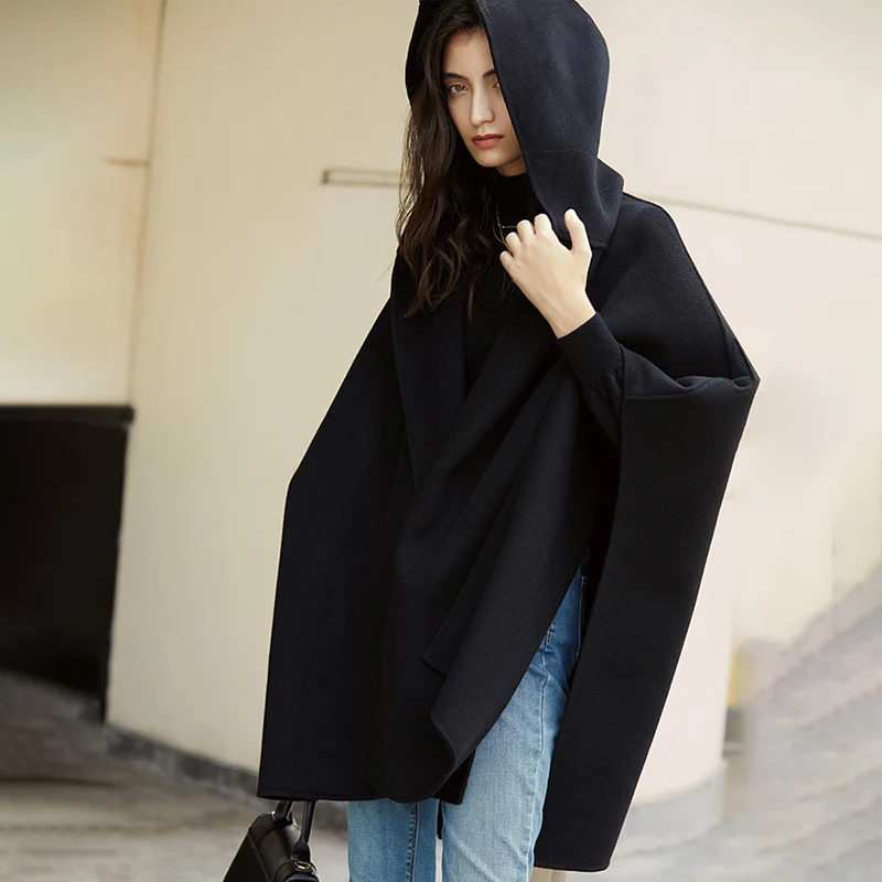 

Fit Black Loose Big Size Irregular Woolen Coat Parkas New Hooded Long Sleeve Women Fashion Tide Autumn Winter 2011 1DD1994