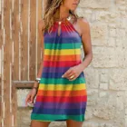 Женское Летнее Платье в радужную полоску, Повседневное Платье без бретелек с металлической лямкой на шее и открытой спиной, лето 2021