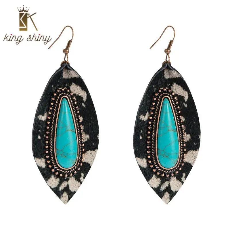 

Bohemian Natural Stone Dangle Earrings for Woman Vintage Hand Made Leopard Pattern PU Leather Pendant Earrings Girls Ear Jewelry