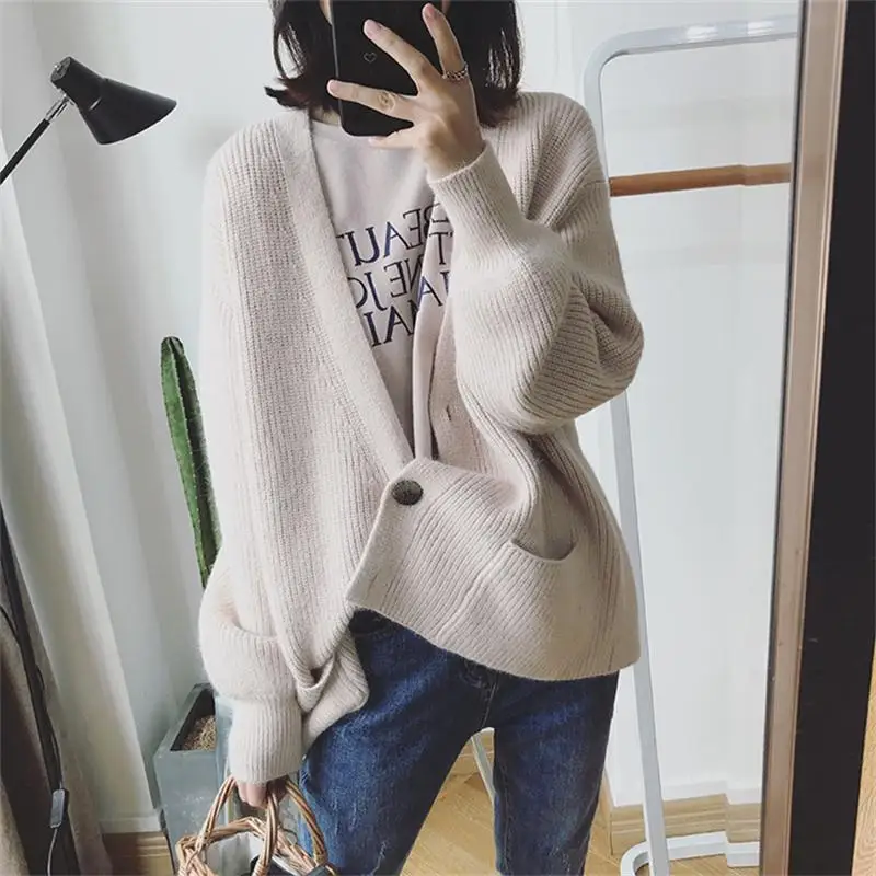 LM8743 Beige H. SA, женский зимний свитер, кардиганы, фонарь, рукав, v-образный вырез, кнопка, большой карман, вязанная куртка, Свободное пальто, повседневное, sueter feminino - Цвет: LM8743 Beige