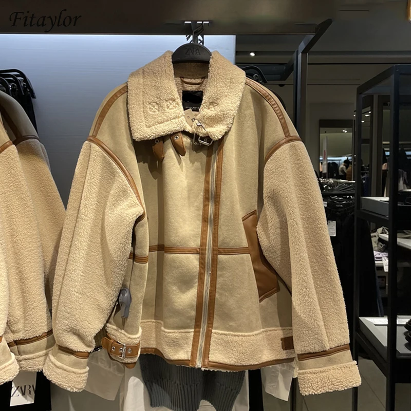 

Fitaylor 2021 Winter Women Motorcycle Leather Jacket Casual Turn-down Collar Zipper Coat Patchwork Lambswool Faux Leather Jacket