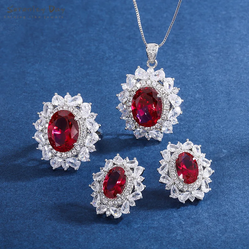 

Serenity Day Luxury Zircon Sparkling Simulated Ruby Gemstone Necklace Earring Ring Jewelry Sets for Women Wedding Engagement