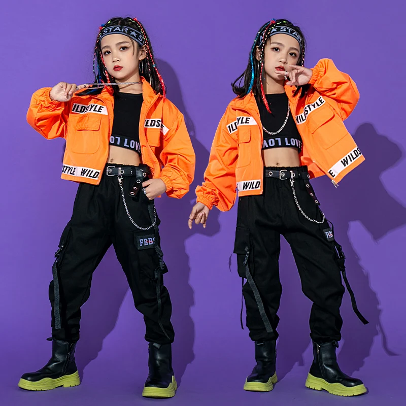 

Children Performance Clothes Hip Hop Clothing Girls Jazz Costumes Street Dance Stage Outfits Cropped Coat Cargo Pants SL5938